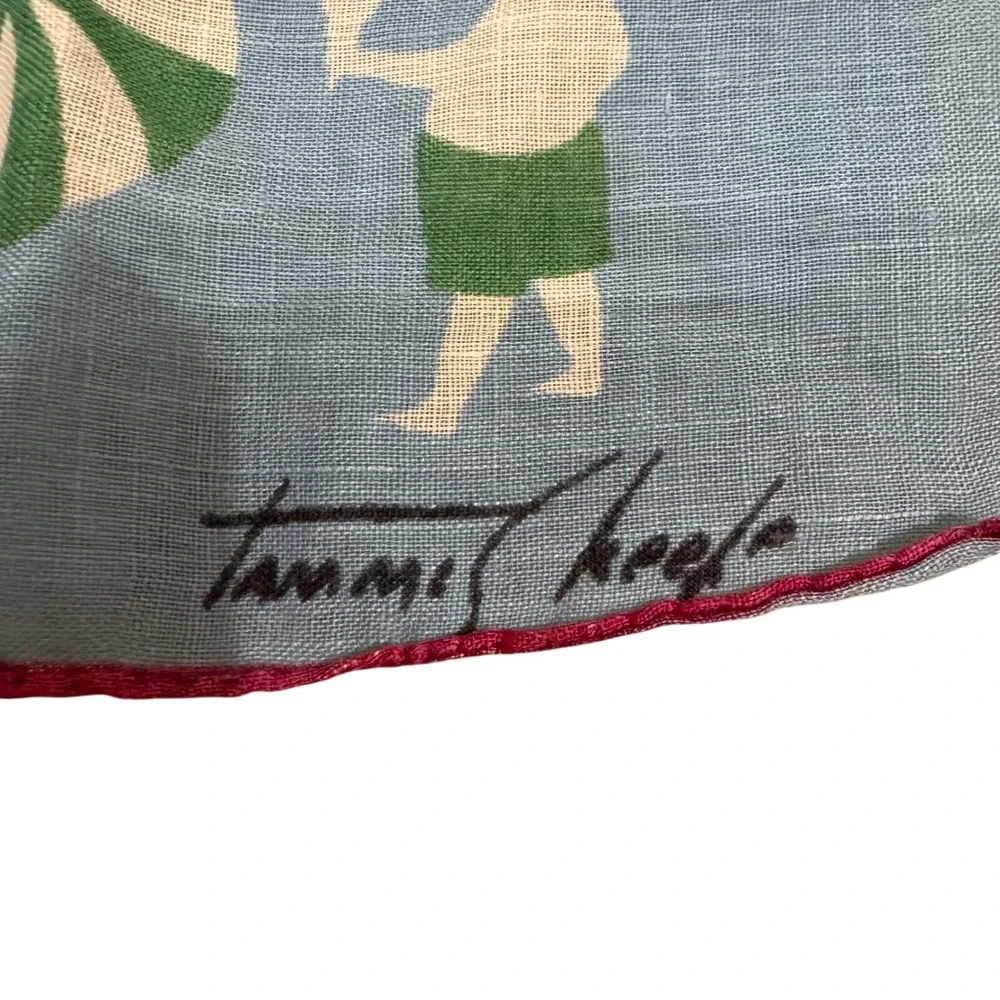 Rare Signed Vintage Tammis Keefe‎ Cotton Handkerchief Whimsical Beach Scene